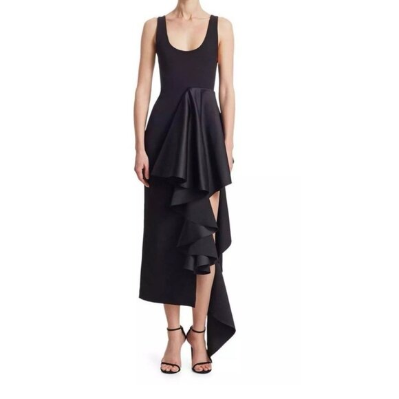 Solace London Dresses & Skirts - Solace London Naya Black Scoop Neck Satin Side Asymmetrical Ruffle Dress Sz 2